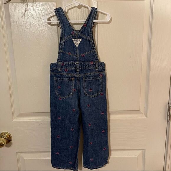 Oshkosh B'gosh Blue Jean Overalls with Pink Embroidered Hearts Girl's 3T - Picture 6 of 9